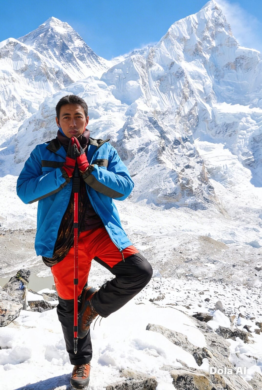 Tim SAR UNHAS di puncak Kala Patthar (5.550 mdpl), berlatar Gunung Everest — Himalaya, Nepal.